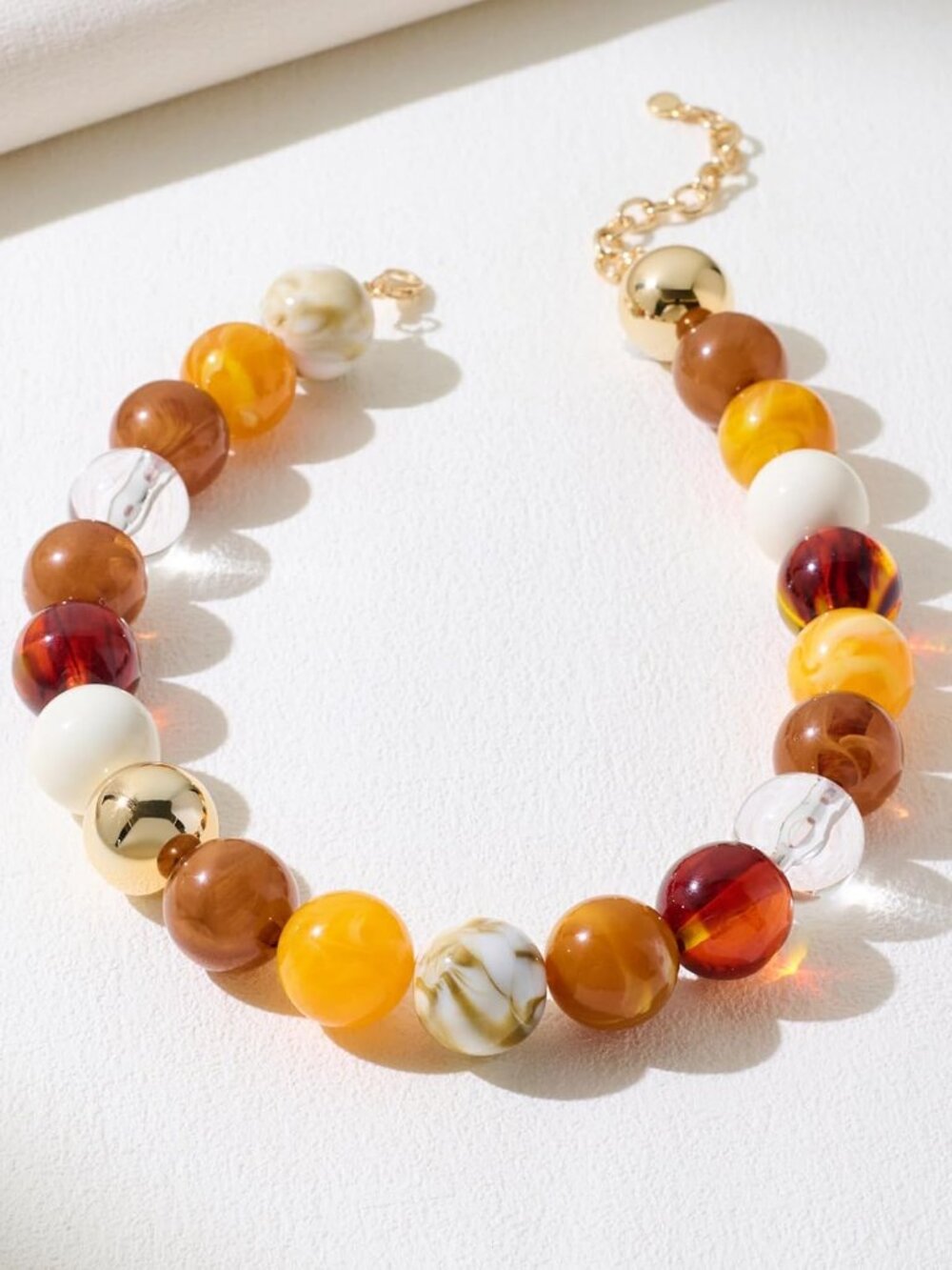 Chunky Amber & Gold Resin Bead Statement Necklace Adjustable Boho Jewelry